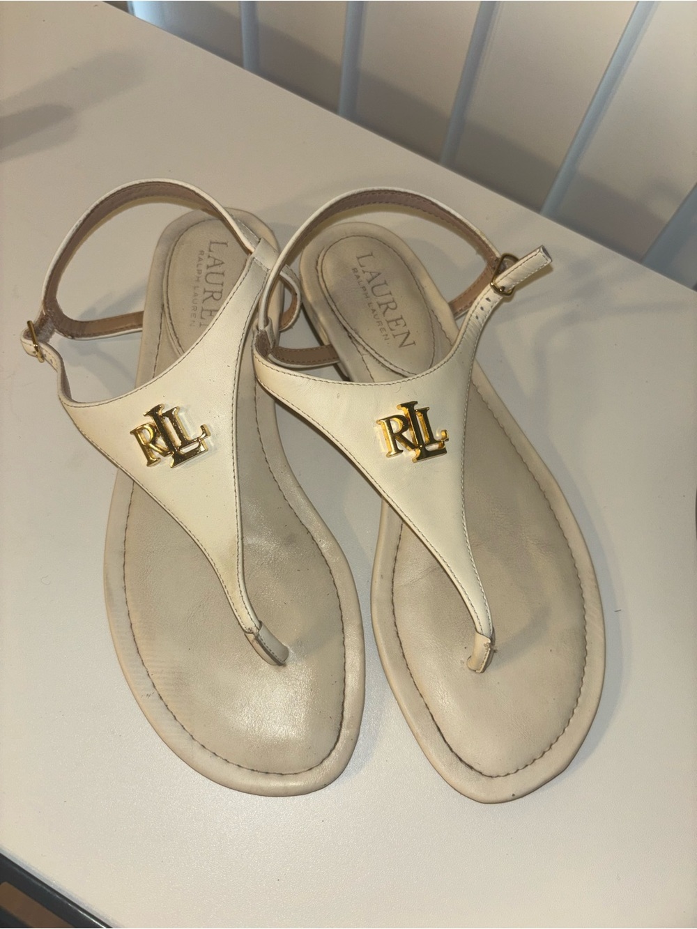 Lauren Ralph Lauren Cream Leather T-Strap Sandals with Gold RLL Logo